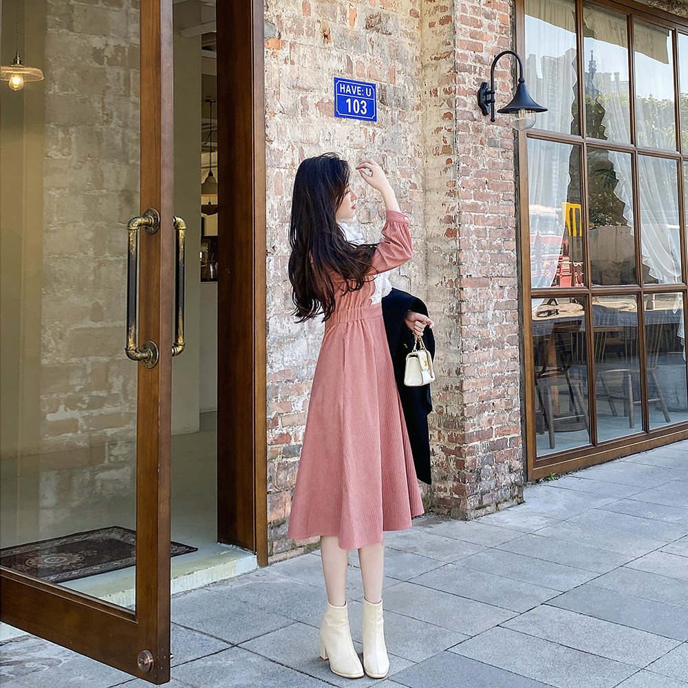 法式桔梗复古灯芯绒连衣裙女秋冬气质显瘦打底裙别致蕾丝内搭长裙,淘宝优惠券,粉丝福利购,淘宝优惠卷