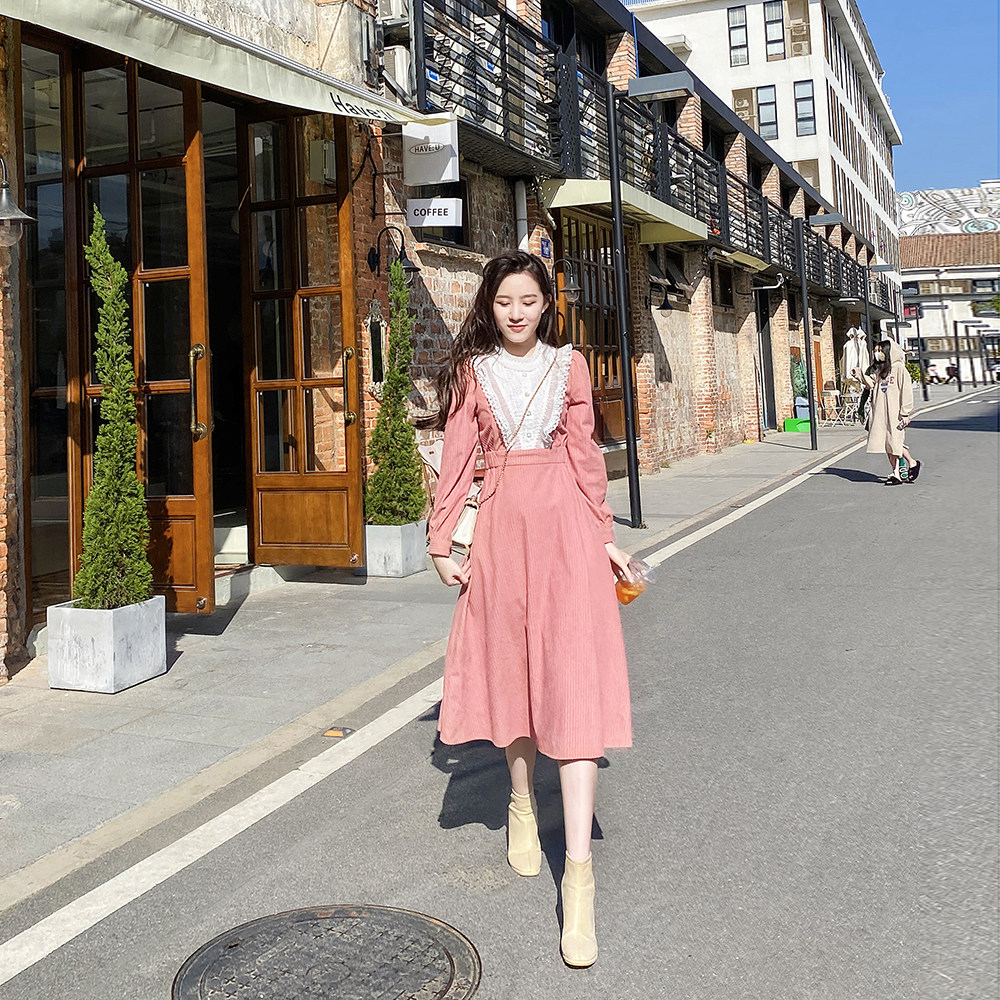 法式桔梗复古灯芯绒连衣裙女秋冬气质显瘦打底裙别致蕾丝内搭长裙,淘宝优惠券,粉丝福利购,淘宝优惠卷