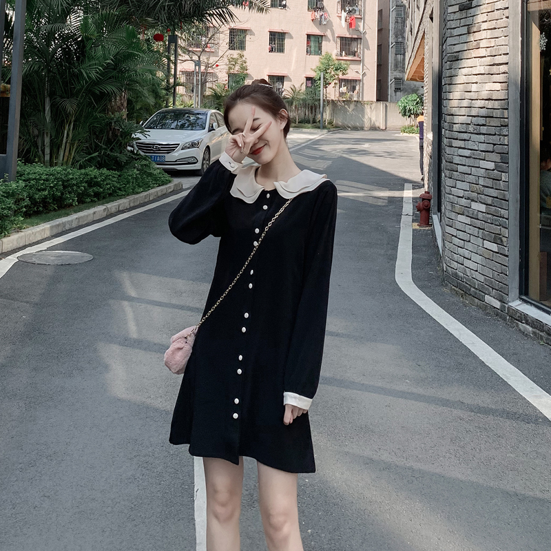 法式小黑裙复古裙子,长袖衬衫连衣裙