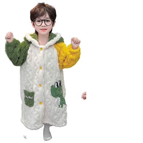 儿童睡袍男童冬季法兰绒睡衣宝宝长款连帽防着凉浴袍恐龙居家浴衣 - 图3