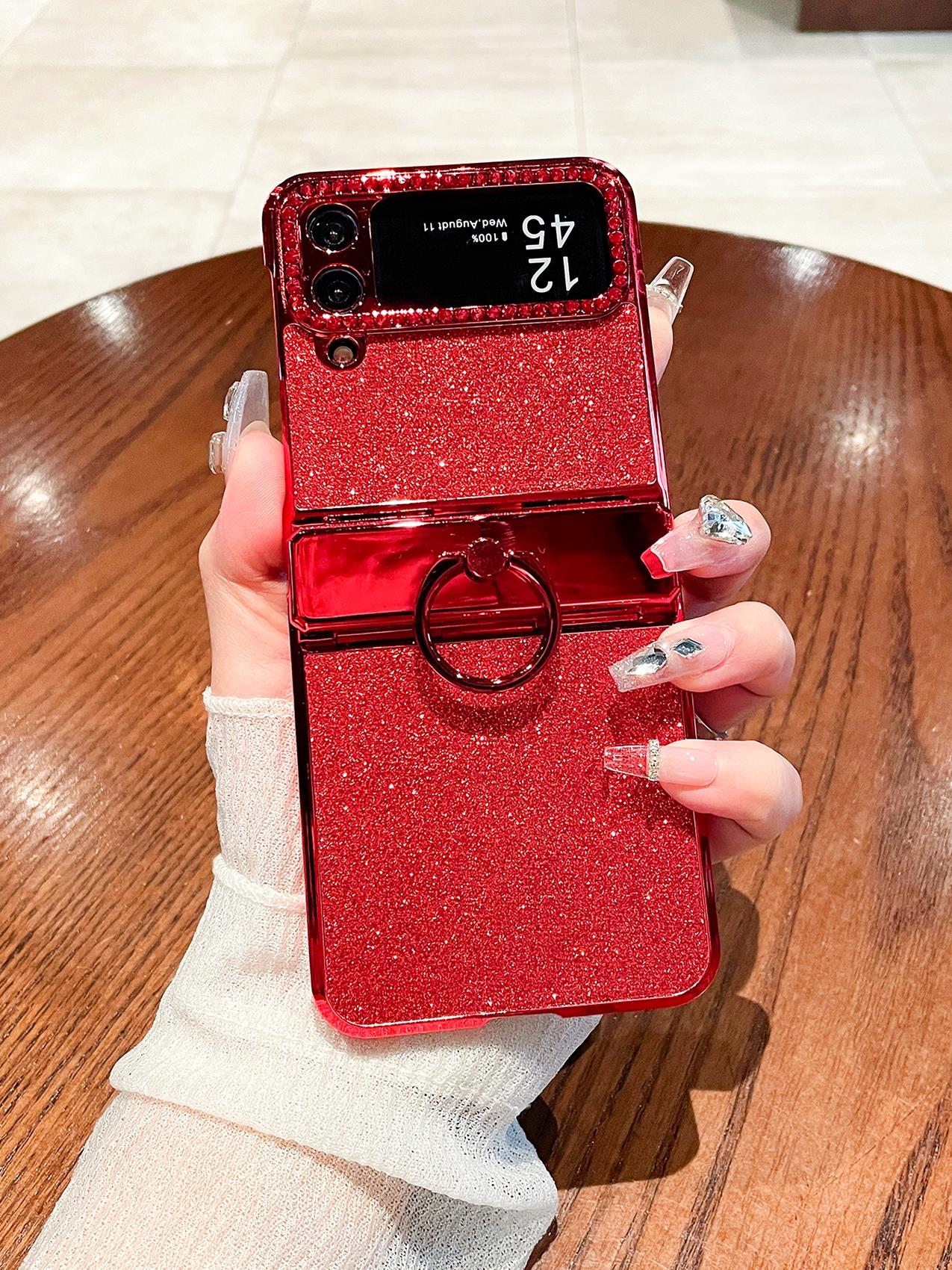 适用三星zflip4手机壳z flip3折叠屏w23flip心系天下全包防摔4代新年喜庆红女款镶钻指环闪粉铰链保护套 - 图2