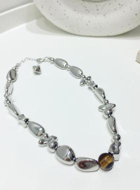 法式复古简约个性超轻不规则立体方块几何串珠项链锁骨链颈链饰品