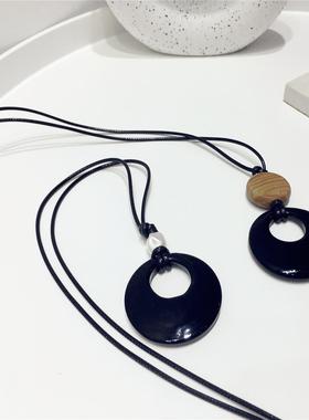 黑色镂空石头圆形几何可调节项链