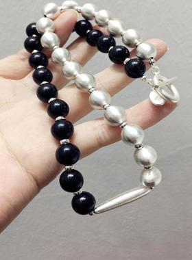 黑色木质银色拉丝串珠OT扣项链