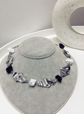 欧美夸张个性不规则金属片纹理石料方块几何项链锁骨链颈链饰品新