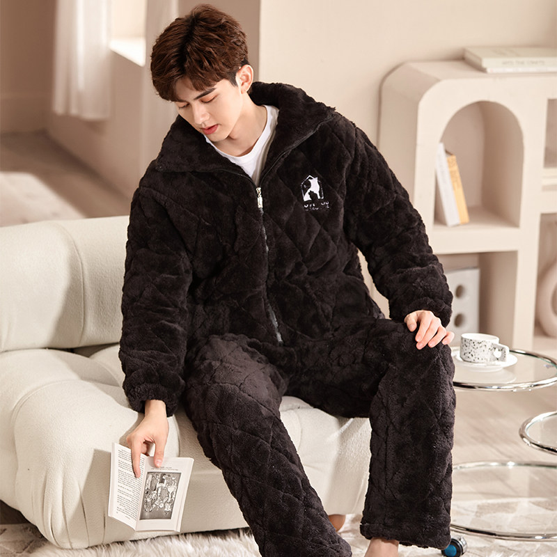 男秋冬季珊瑚绒加绒三层夹棉睡衣 索妮洁睡衣/家居服套装