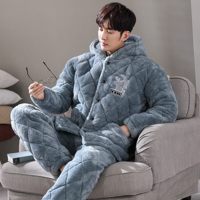男秋冬季珊瑚绒加绒三层夹棉睡衣 索妮洁睡衣/家居服套装