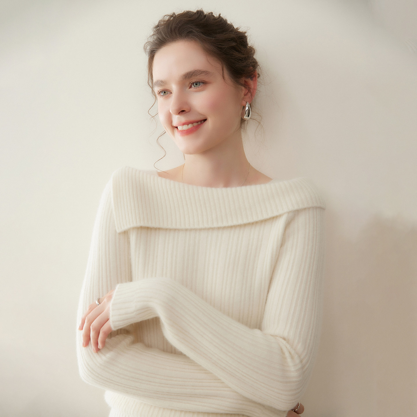 亲肤柔软~100%纯山羊绒女一字肩修身坑条针织上衣时尚百搭毛衣,淘宝优惠券,粉丝福利购,淘宝优惠卷