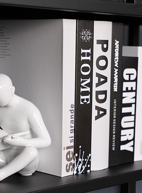 样板房间现代书柜客厅创意软装家居饰品陶瓷马头摆件假书花瓶组合