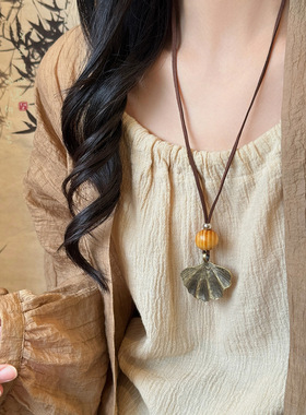 新中式圆形木头吊坠项链