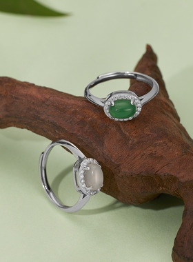 S925银玉髓开口可调满钻戒指