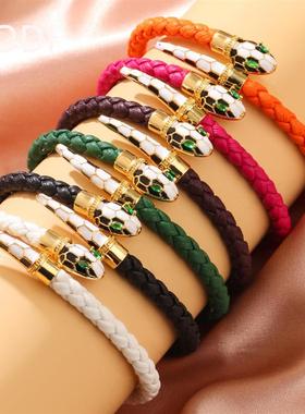 欧美热销跨境新品手链编织开口手环时尚精美蛇形复古水钻蛇头手镯