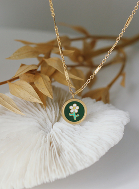 复古墨绿雏菊滴油钛钢锁骨链