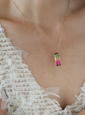 渐变彩色方形爪钻盒子项链锁骨链
