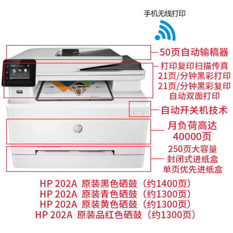 hp惠普m281fdw彩色激光彩印打印机 惠普中之途激光打印机