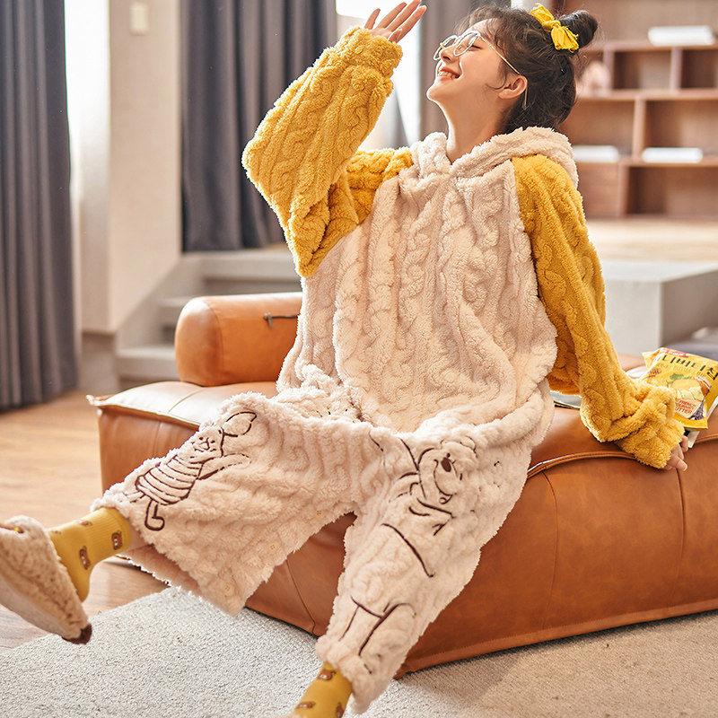 连体秋冬季珊瑚绒长袖卡通孕妇睡裙 橙色海芋睡衣/家居服套装