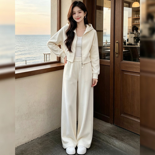 连帽拉链短款外套运动套装女春秋季休闲风宽松显瘦阔腿裤两件套潮 - 图3