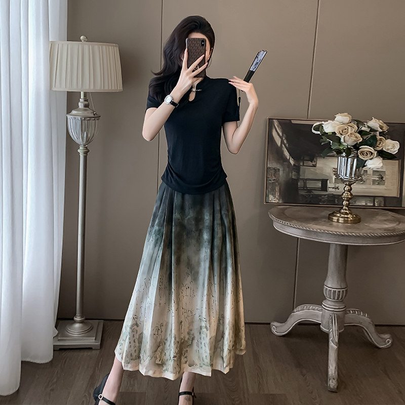 国风短袖套装女夏季新款新中式水墨画扎染马面半身裙时尚俩件套潮 - 图1