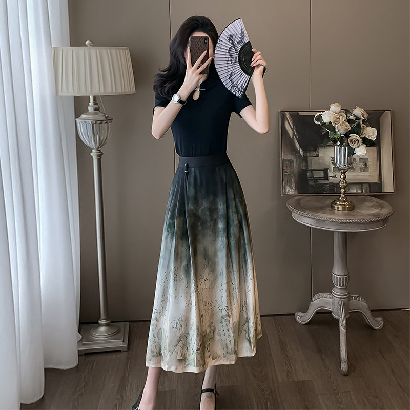 国风短袖套装女夏季新款新中式水墨画扎染马面半身裙时尚俩件套潮 - 图2