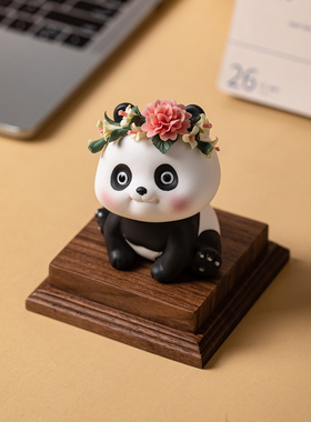 国潮风簪花小熊猫陶瓷摆件