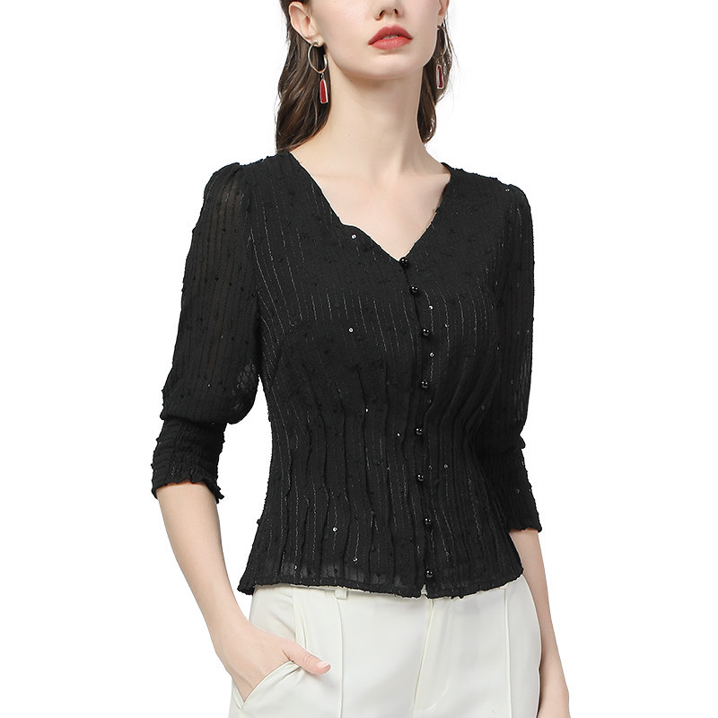 欧洲站气质v领修身显瘦亮片雪纺衫 伊卉蕾丝衫/雪纺衫