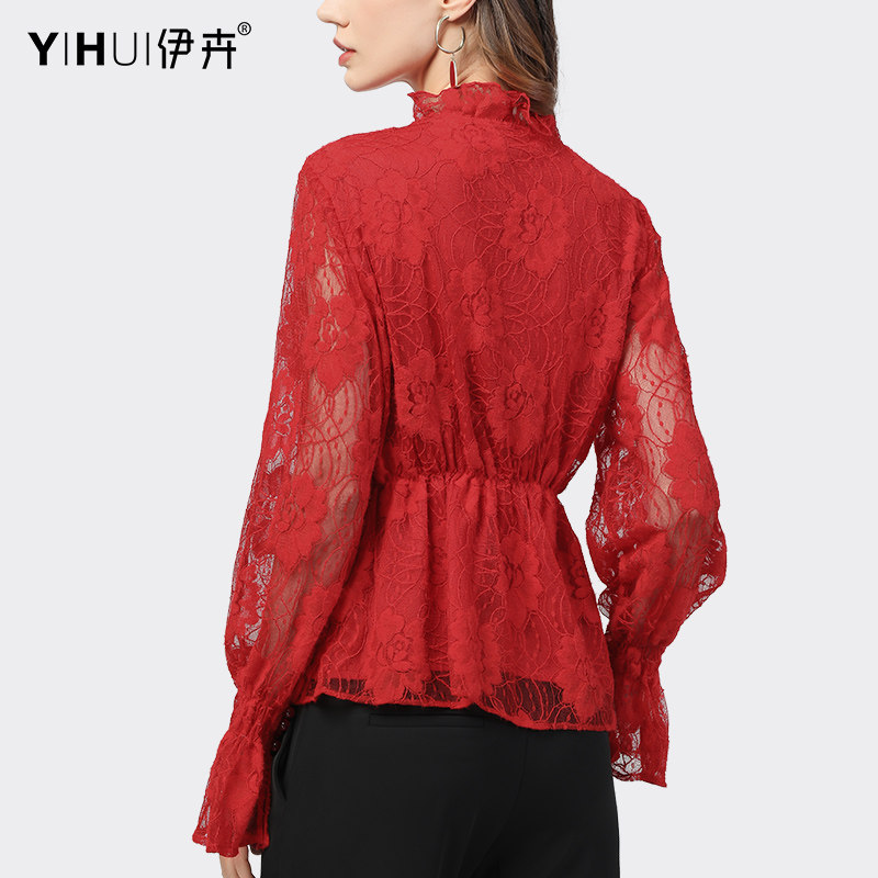 蕾丝衫女长袖设计感镂空v领衬衫 伊卉蕾丝衫/雪纺衫