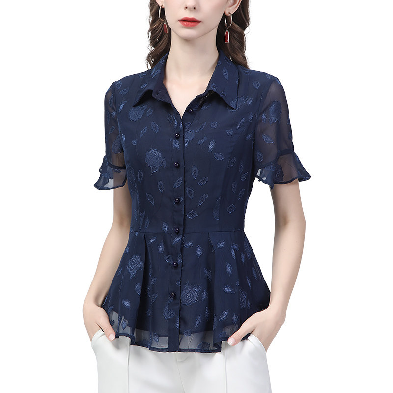 雪纺衫女春装长袖职业polo通勤衬衫 伊卉蕾丝衫/雪纺衫