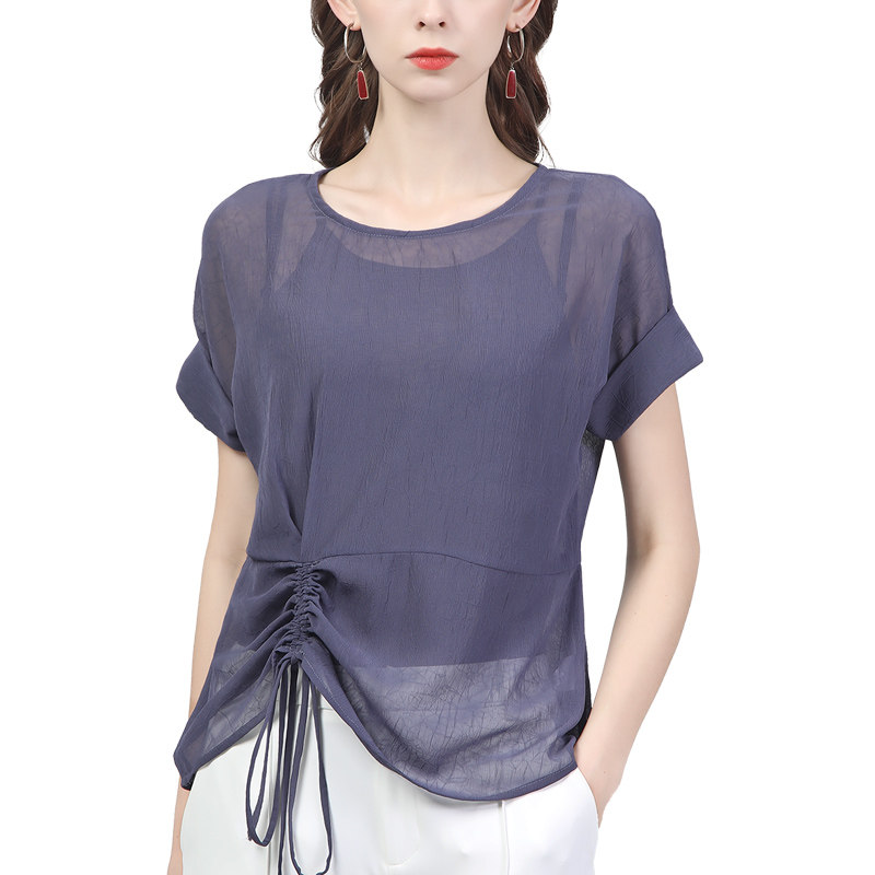 欧货宽松女短袖夏季新款抽绳雪纺衫 伊卉蕾丝衫/雪纺衫