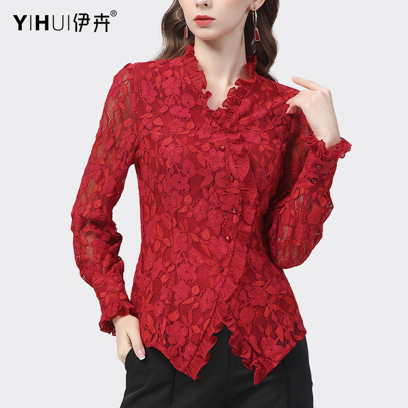 2022春装新款蕾丝衫女v领长袖衬衫 伊卉蕾丝衫/雪纺衫