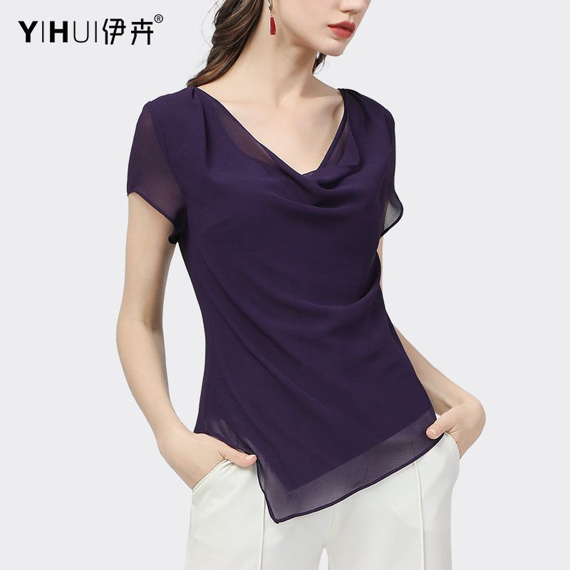 夏季新款短袖设计感v领洋气雪纺衫 伊卉蕾丝衫/雪纺衫