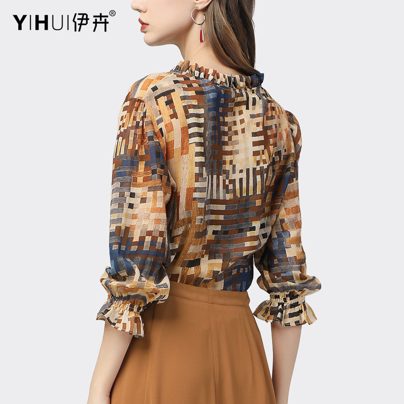 雪纺衫七分袖v领年夏季新款衬衫 伊卉蕾丝衫/雪纺衫