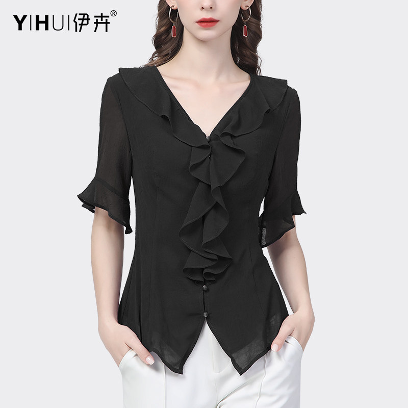 雪纺衫设计感荷叶边短袖v领衬衫 伊卉蕾丝衫/雪纺衫