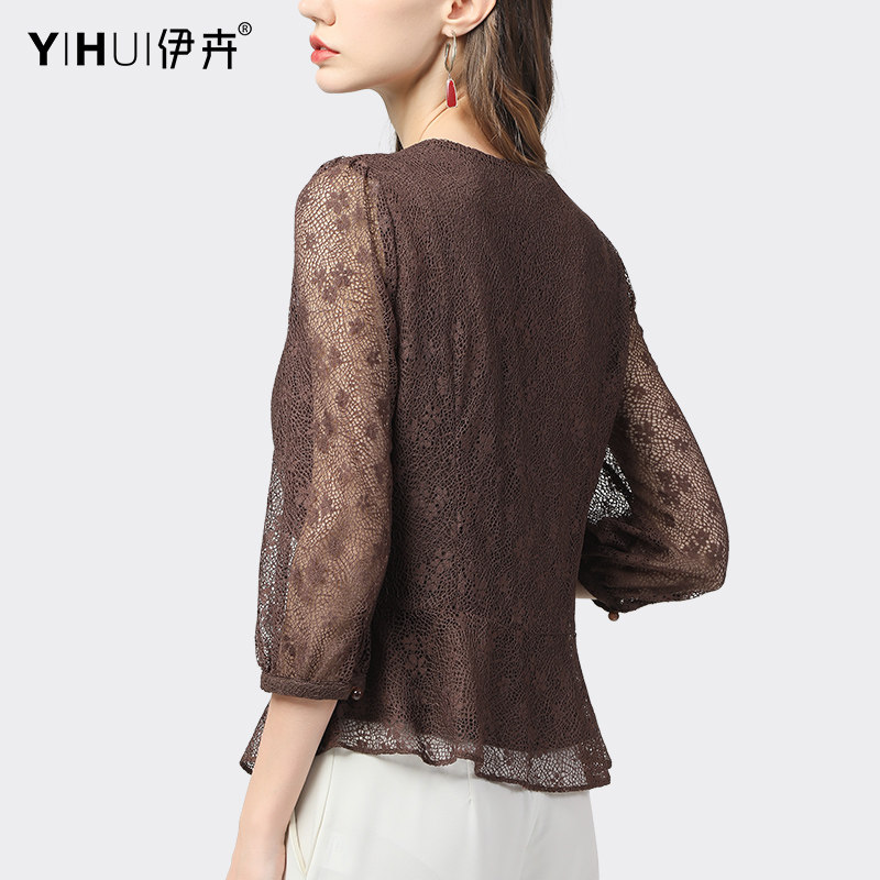 欧洲站春秋七分袖蕾丝衫镂空小衫 伊卉蕾丝衫/雪纺衫