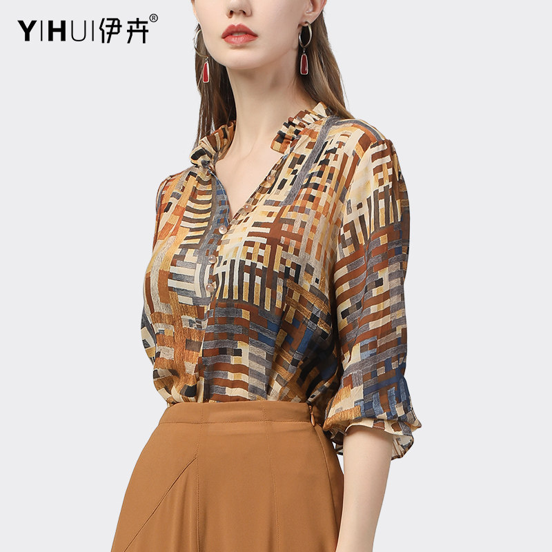 雪纺衫七分袖v领年夏季新款衬衫 伊卉蕾丝衫/雪纺衫