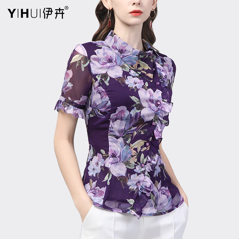 设计感夏季女短袖碎花减龄雪纺衫 伊卉蕾丝衫/雪纺衫