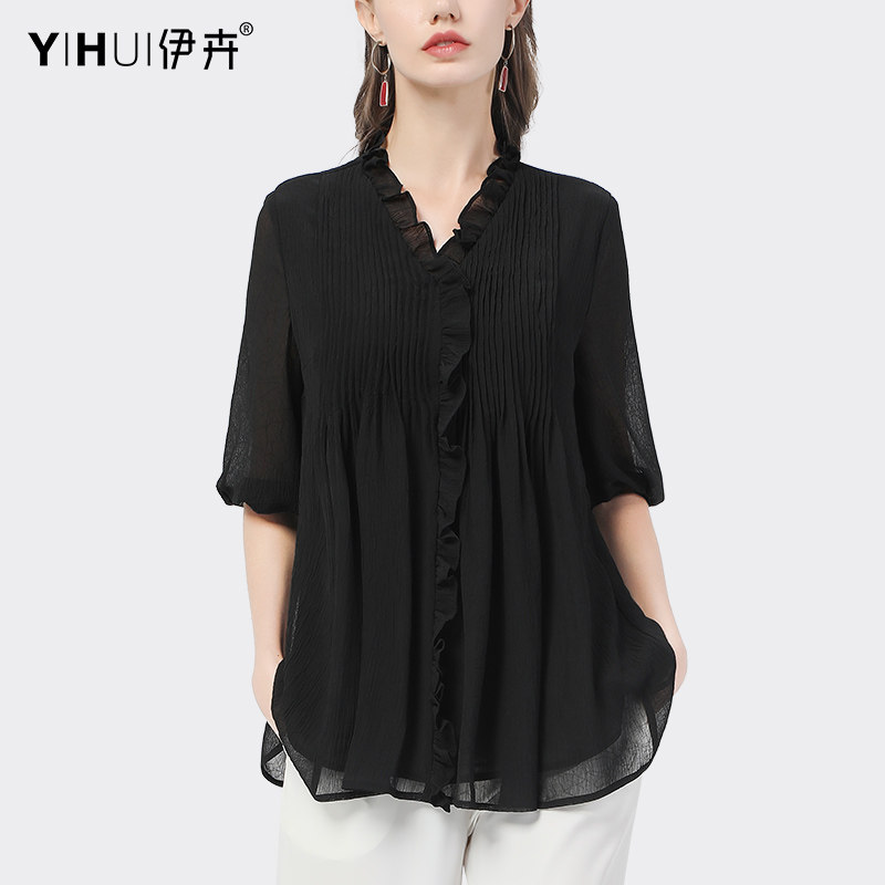 春夏2023新款短袖宽松雪纺衫衬衫 伊卉蕾丝衫/雪纺衫