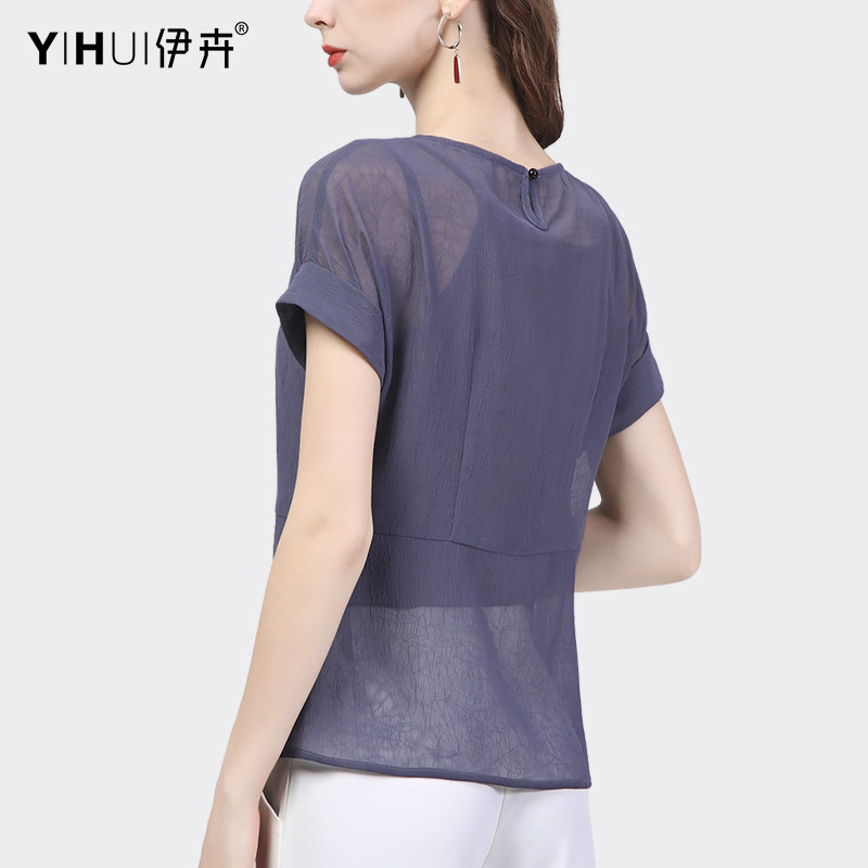 欧货宽松女短袖夏季新款抽绳雪纺衫 伊卉蕾丝衫/雪纺衫