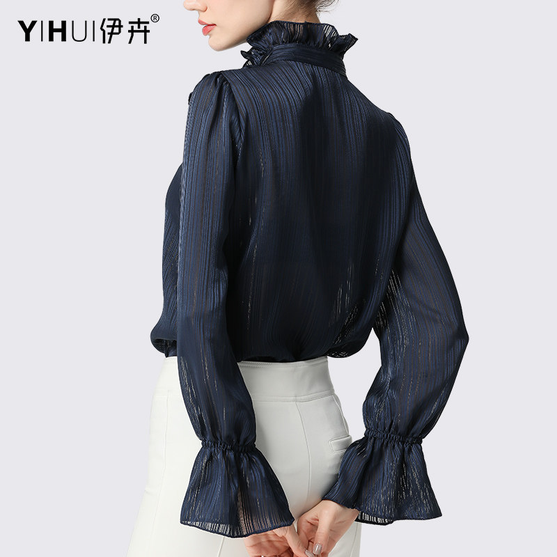 2022春装新款荷叶边立领喇叭衬衫 伊卉蕾丝衫/雪纺衫