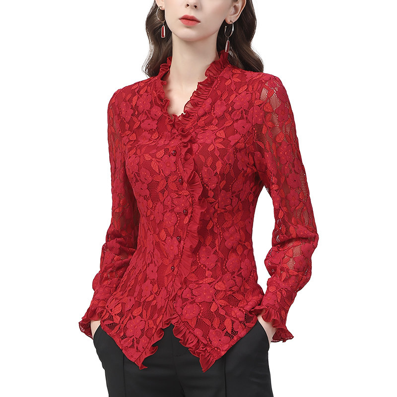 2023春装新款蕾丝衫女v领长袖衬衫 伊卉蕾丝衫/雪纺衫