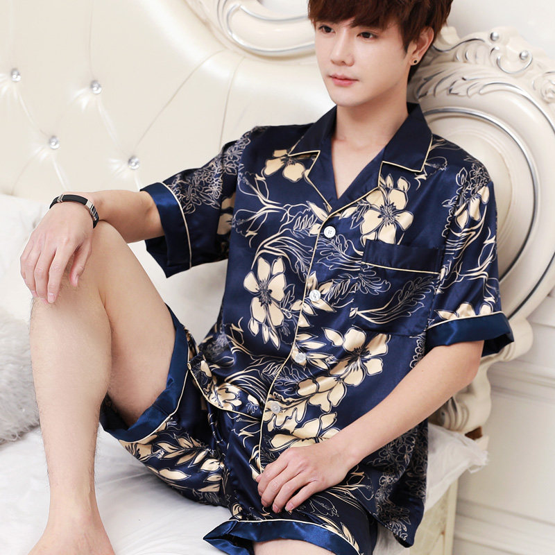 冰丝夏天丝绸男士短袖开衫睡衣 法曼莱睡衣/家居服套装