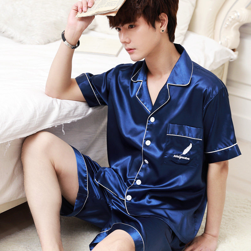 冰丝夏天丝绸男士短袖开衫睡衣 法曼莱睡衣/家居服套装