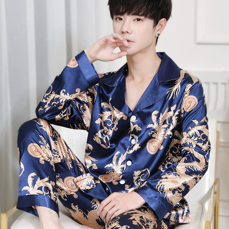 冰丝男夏季长袖套装韩版宽松睡衣 法曼莱睡衣/家居服套装