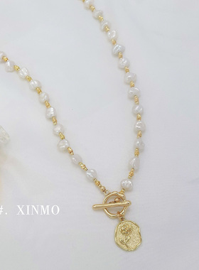 玫瑰花语 法式巴洛克碎银子珍珠项链 玫瑰吊坠 天然珍珠