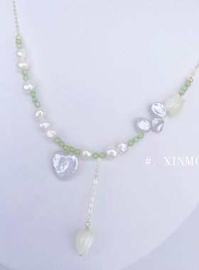 铃兰花瓣 天然橄榄石巴洛克花瓣珍珠项链 蝶贝吊坠 绿野仙踪