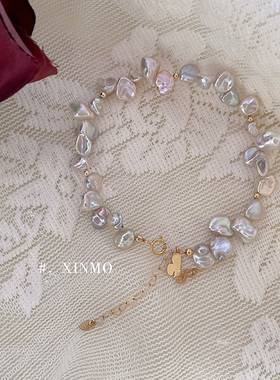 粉蝶恋油亮巴洛克香槟色花瓣珍珠手链蝴蝶吊坠金属光 美国14k注金