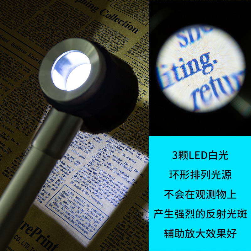 圣创60放大镜高清正品1000酒烟珠宝茶叶鉴定专用高倍45老人50手持古董钱币带灯刻度邮票印刷紫砂壶天珠奢侈品-图1