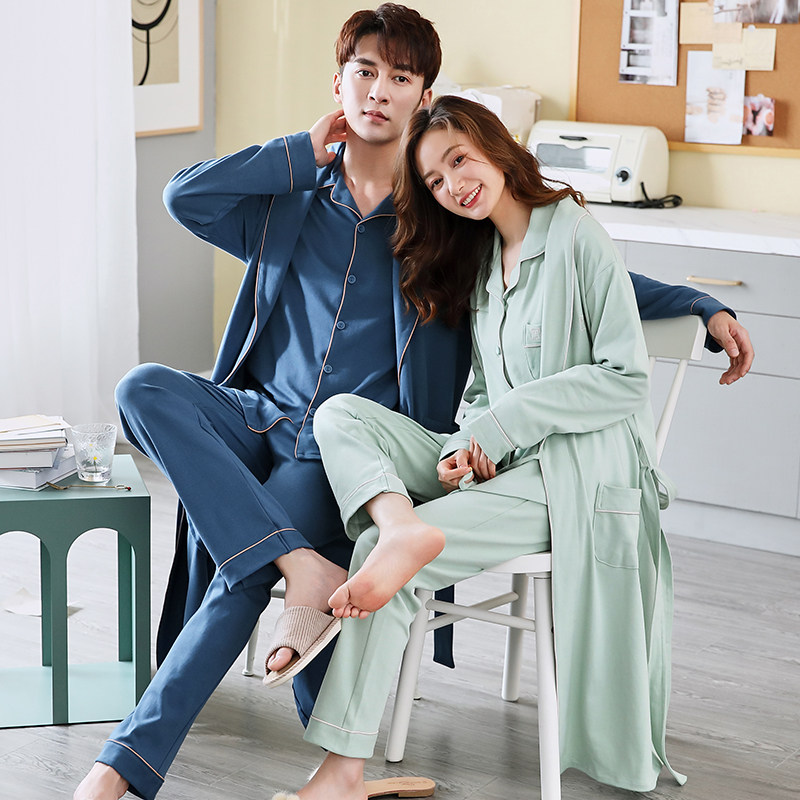 情侣三件套装纯棉长袖春秋款睡袍 辉珠睡衣/家居服套装