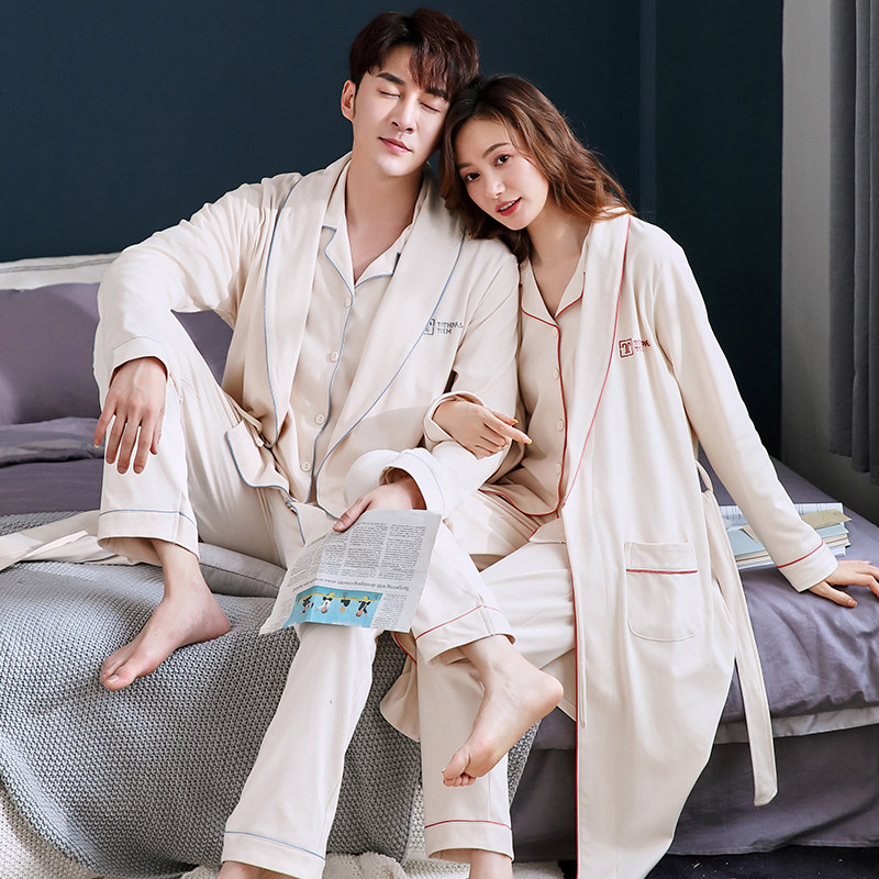情侣三件套装纯棉长袖春秋款睡袍 辉珠睡衣/家居服套装