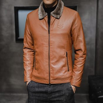 Fur ປະສົມປະສານຂອງຜູ້ຊາຍ fur collar ຫນັງ jacket ຜູ້ຊາຍ trendy ຫນາ velvet lapel jacket ເສື້ອກັນຫນາວເສື້ອກັນຫນາວກະທັດຮັດລົດຈັກ jacket