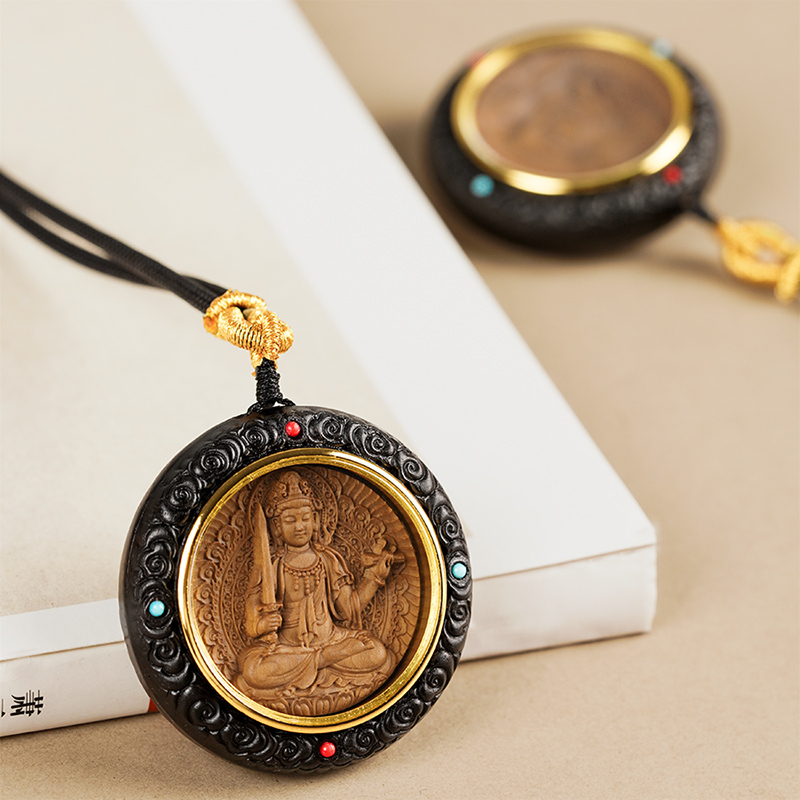 圆牌本命佛吊坠十二生肖项链普贤菩萨紫檀木雕绿度母年小叶守护神